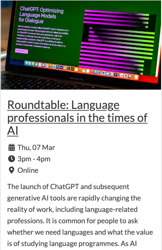 Warwick_Transla's tweet photo. Join our free online roundtable discussion: #Language professionals in the times of #AI
7 March 3-4 pm GMT.
We will be talking with experts, language professionals and #technology enthusiasts about the challenges and opportunities that #AI presents for language professionals. https://t.co/ZDSmXR60in