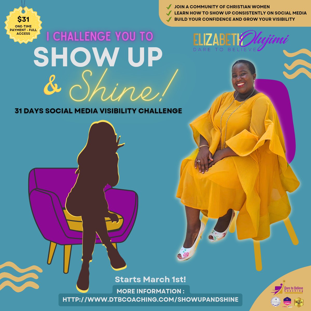 LizOlujimi's tweet image. In two days, we kick off the March edition of the #ShowupandShine social media visibility challenge. If you are a Christian woman who is struggling to show up consistently on social media, this challenge is for you.  #visibilitychallenge #Christianwomen #socialmedia #confidence