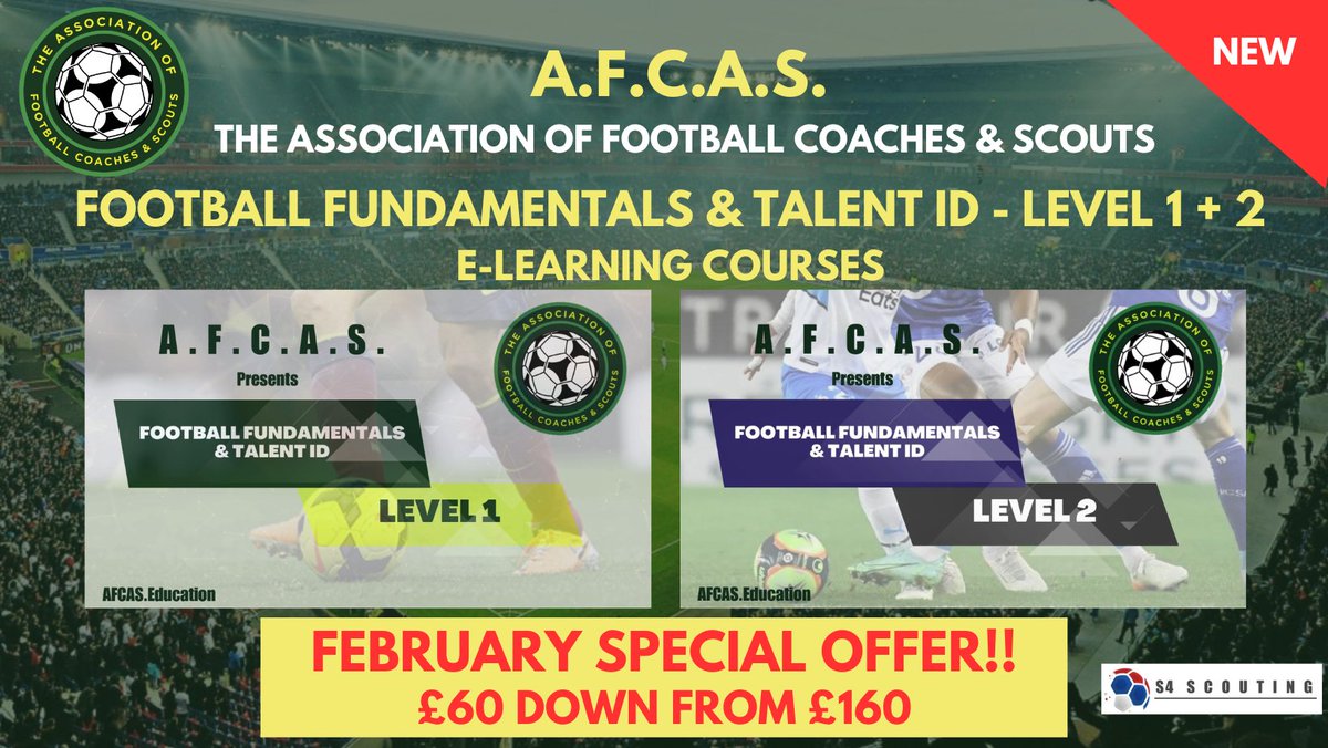AfcasFootball's tweet photo. For coaches &amp; scouts - our INTERACTIVE AFCAS - FOOTBALL FUNDAMENTALS &amp; TALENT ID COURSE - LEVEL 1 &amp; LEVEL 2 - February Special offer. £60 down from £160. https://t.co/91Ud22Dn72 Each course takes between 10 - 12 to complete packed full of video tasks and player assessments. https://t.co/R7N93pxGvt