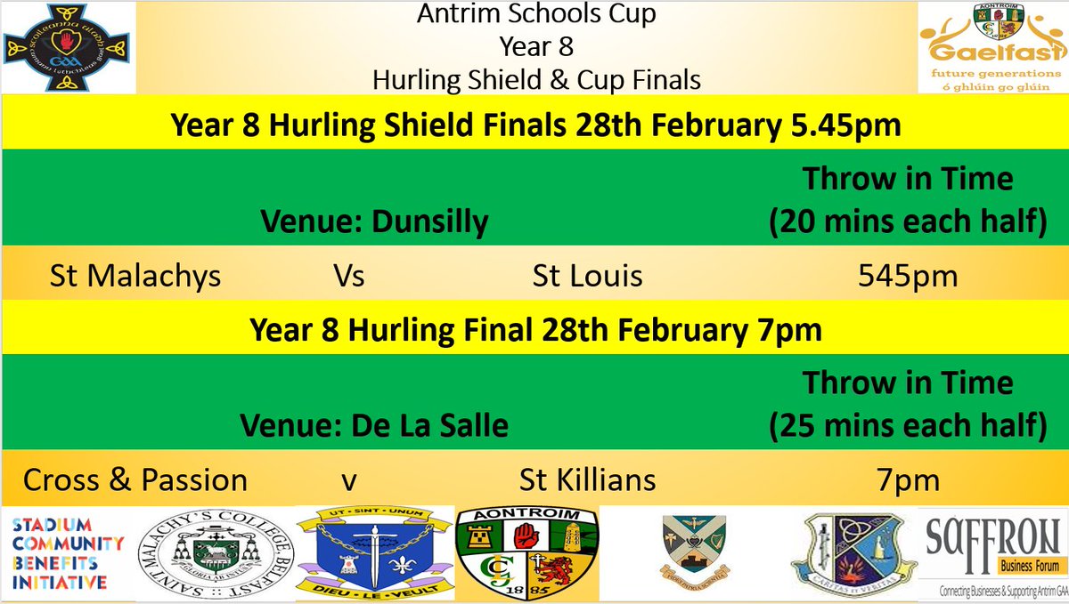 Get to Official Antrim GAA Cnetre Of Participation Dunsilly tonight for the Annual Year 8 Antrim schools cup Hurling Finals