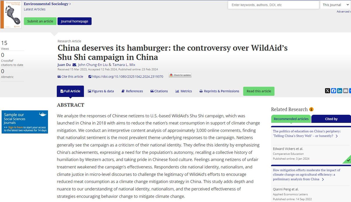 My new paper "China Deserves Its Hamburger: the Controversy over WildAid’s Shu Shi Campaign in China" with Juan Du (Huizhou U) and Tamara Mix (OkState) has been published in Environmental Sociology. doi.org/10.1080/232510…