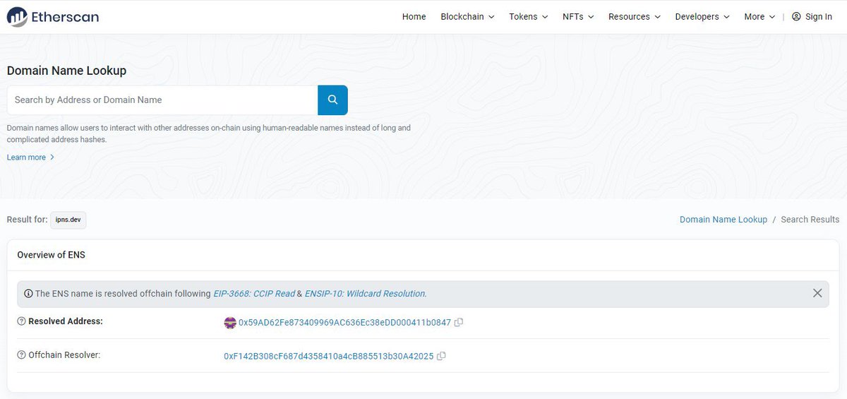 ENS-imported DNS names are searchable on <a href="/etherscan/">etherscan.eth</a> Domain Name Lookup page.

Currently, Etherscan only allows searching for forward-resolved addresses, not name tags for DNS names.

#ENS #DNS #Domains #Etherscan