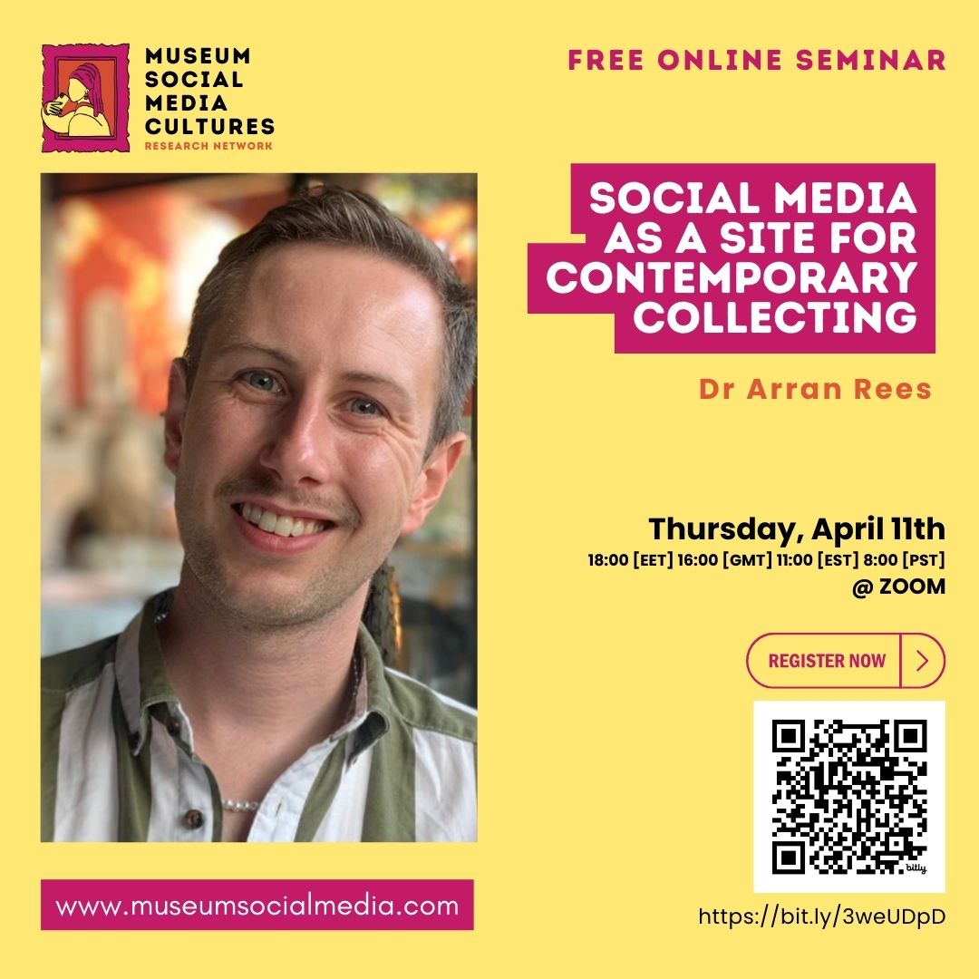 Museum Social Media Cultures (@muse_cultures) on Twitter photo 📌 Mark your calendar for April 11th, and join us!
Dr Arran Rees <a href="/arranjrees/">Arran J Rees</a> will give the sixth online talk of the series entitled: “Social media as a site for contemporary collecting”. Register here: bit.ly/3weUDpD
Further info: museumsocialmedia.com/11-april-2024 📌 Mark your calendar for April 11th, and join us!
Dr Arran Rees <a href="/arranjrees/">Arran J Rees</a> will give the sixth online talk of the series entitled: “Social media as a site for contemporary collecting”. Register here: bit.ly/3weUDpD
Further info: museumsocialmedia.com/11-april-2024