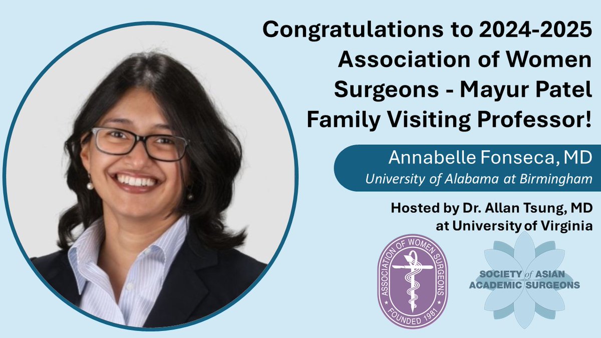 Congratulations to @afonsecaMD from @UABSurgery for being selected as the joint @AsianAcadSurg @WomenSurgeons 2024-2025 Visiting Professor! Dr. Fonseca will be the Association of Women Surgeons - Mayur Patel Family VP hosted by @allantsung at @UVASurgery!