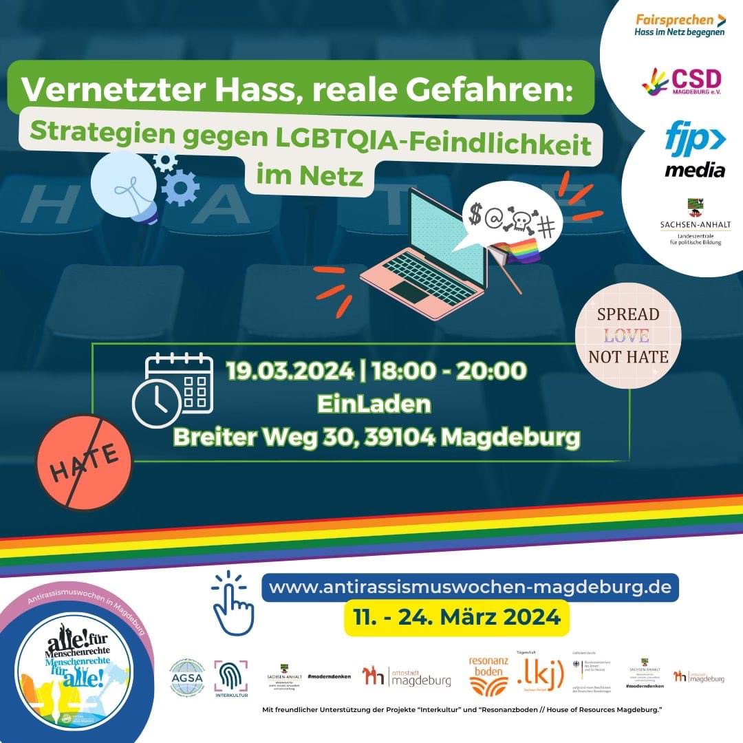 Vernetzter Hass, reale Gefahren: Strategien gegen LGBTQIA-Feindlichkeit im Netz

EinLaden Magdeburg | 39104 Magdeburg, Breiter Weg 30
VERANSTALTUNG

19.03.2024 – 18:00 Uhr – EinLaden Magdeburg:

Mehr Infos : csd-Sachsenanhalt.de/veranstaltungen