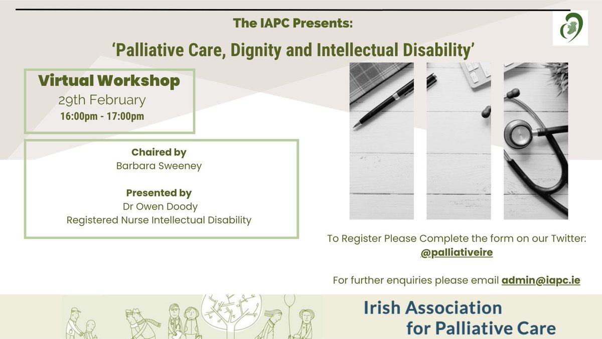🌟 Join us tomorrow at 16:00 for our final online Workshop in our Education and Research Series. Dr. Owen Doody will be presenting on ‘Palliative Care, Dignity and Intellectual Disability’. Register now at admin@iapc.ie. #Palcaresem24 #IAPC #PalliativeCare