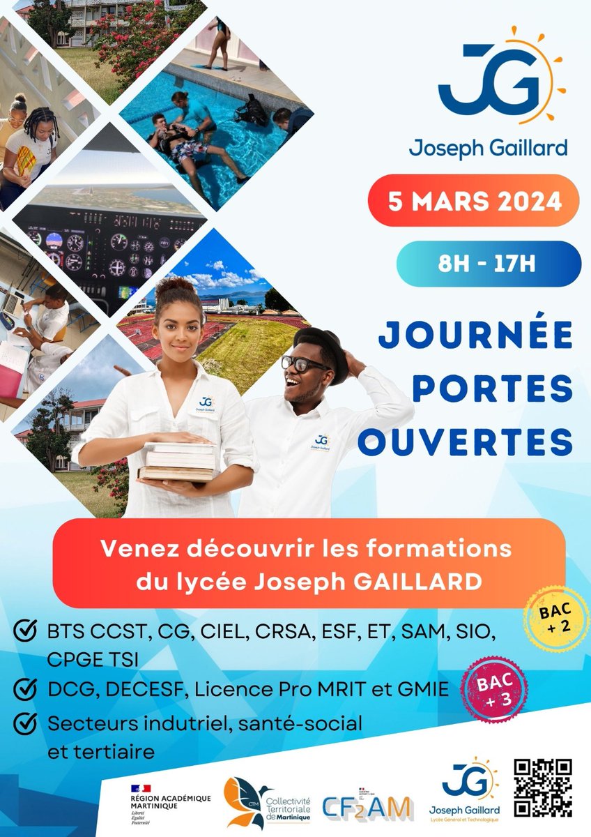 #EtudesSuperieuresEnMartinique
#SeFormerAuPays

De la seconde (bac -3) à la 3ème année de Licence (bac +3), l'offre de formation du LGT Joseph GAILLARD est l'une des plus riches et des plus diversifiées de l'<a href="/acmartinique/">Académie de Martinique</a>.

RDV ce mardi 5 mars 2024 !!

#FaireSesEtudesEnMartinique