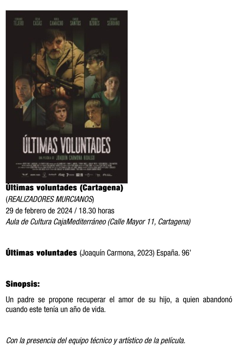 📆 Mañana jueves a las 18:30h 🕢 se proyectará Últimas Voluntades en la Fundación Mediterráneo de Cartagena con la presencia de parte del equipo técnico con coloquio posterior. La entrada es gratuita.

¡Os esperamos! 

#ultimasvoluntadespelicula #proyeccion #FilmotecaRegional