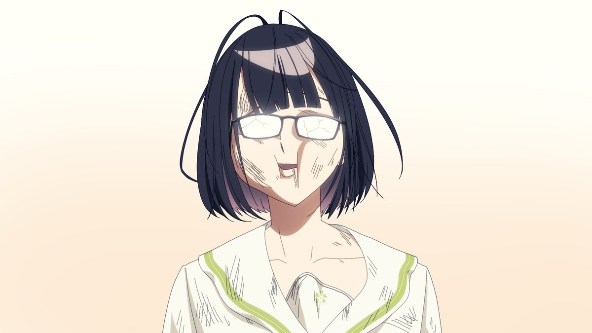 1girl opaque glasses solo glasses black hair school uniform short hair  illustration images
