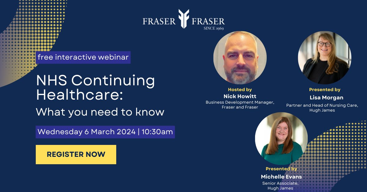 Just one week until our next webinar with Lisa Morgan and Michelle Evans from Hugh James. 

Lisa and Michelle will be discussing NHS Continuing Healthcare: What you need to know. 

Register now: 
event.webinarjam.com/register/266/g… 

#TheLegalHour #UKLegalHour