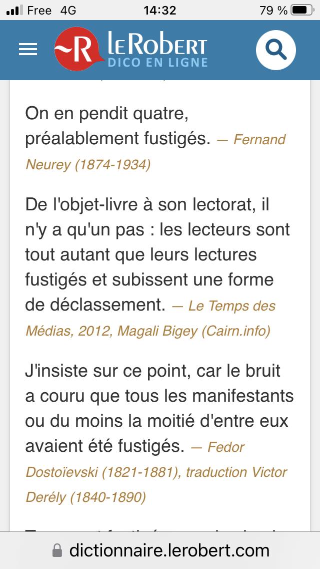 Quand une amie #recherchiste te fait remarquer que ton nom côtoie celui de #Dostoïevski dans les pages en ligne du dictionnaire #LeRobert pour la définition de #fustigés ! 😮
J'apparais dans une autre aussi sur le #numérique...
Merci #Anne_M