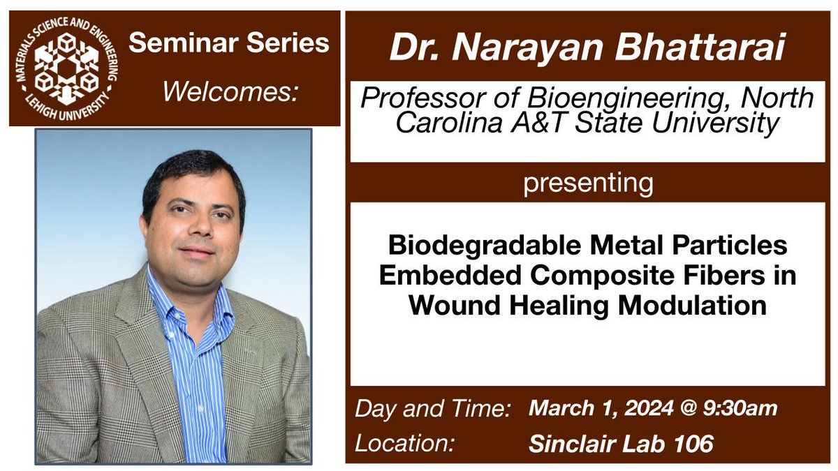 The MSE Dept. will host Dr. Narayan Bhattarai from North Carolina A&T State University for a seminar titled 'Biodegradable Metal Particles Embedded Composite Fibers in Wound Healing Modulation' on Friday, 3/1 at 9:30am in Sinclair Lab 106. Seminars are open to the public!