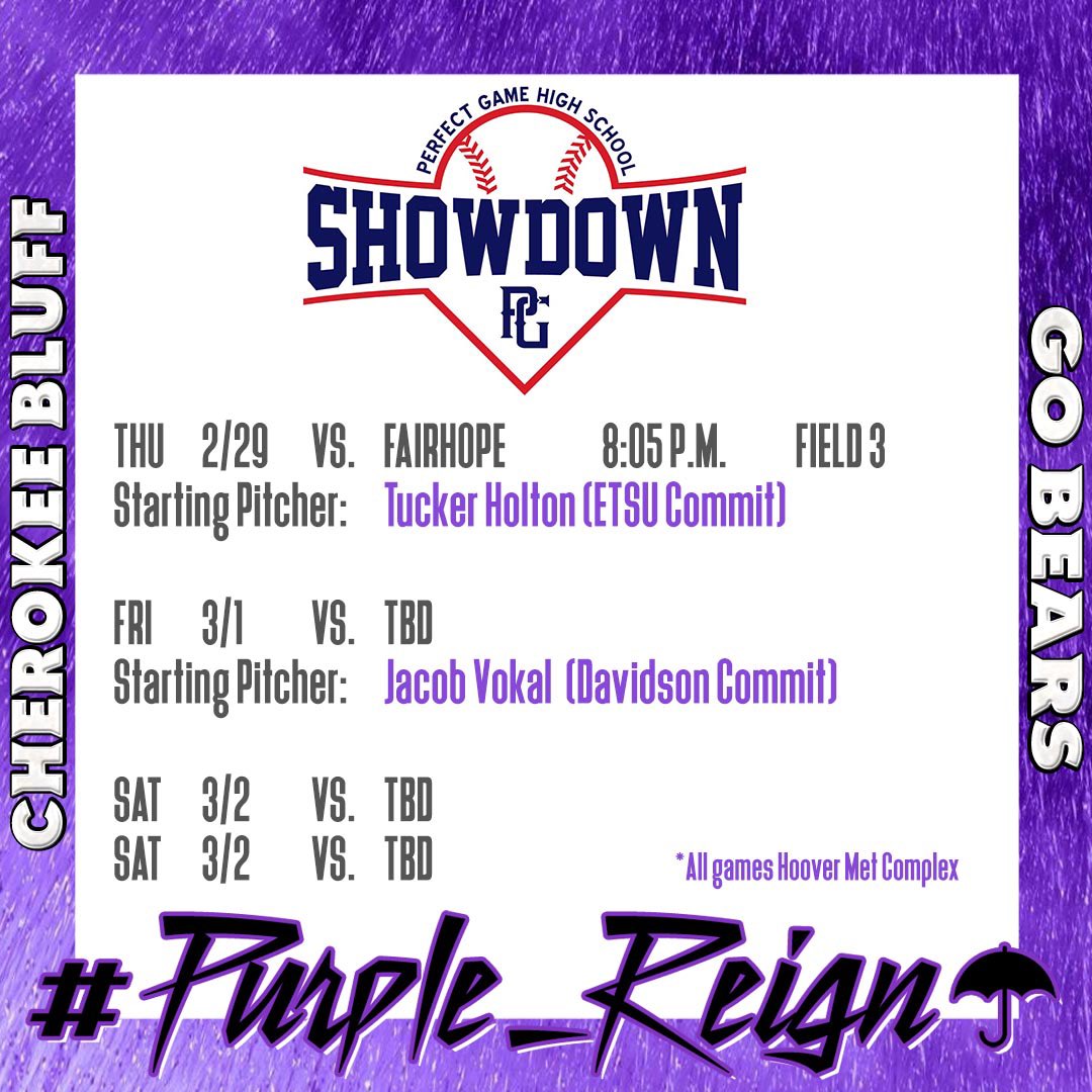 Cherokee Bluff Baseball (@cbbearbaseball) on Twitter photo Cherokee Bluff opens play in the <a href="/PerfectGameUSA/">Perfect Game USA</a> #PGShowdown tomorrow in Hoover, AL. Game schedule & starters are below. Come see our #uncommitted guys out of the pen and at the plate! See Coach Kemp in the dugout, or Becky in the stands, for a scout sheet. See you there! Cherokee Bluff opens play in the <a href="/PerfectGameUSA/">Perfect Game USA</a> #PGShowdown tomorrow in Hoover, AL. Game schedule & starters are below. Come see our #uncommitted guys out of the pen and at the plate! See Coach Kemp in the dugout, or Becky in the stands, for a scout sheet. See you there!