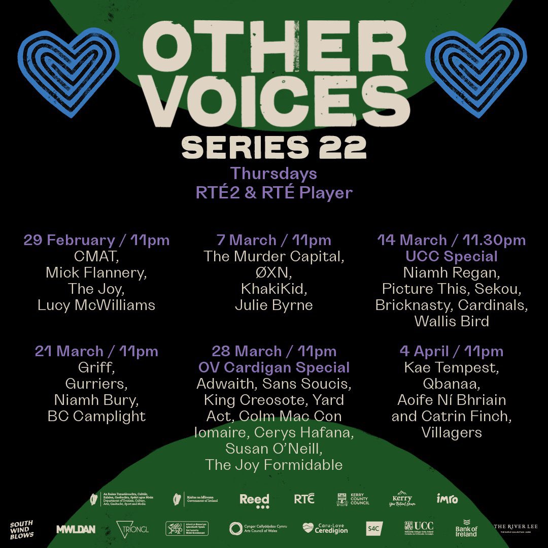 💙💕💙

the new season of @OtherVoicesLive starts this week…

✨ Don’t miss @Thejoyofficialm @MurderCapital_ #JulieByrne #Bricknasty @gurriersband @bccamplight 

Thursday nights 
on @RTE2 @RTEplayer 

#othervoices #ov23
@anniemacmanus @MayKay316 @huwstephens 

💕💙💕