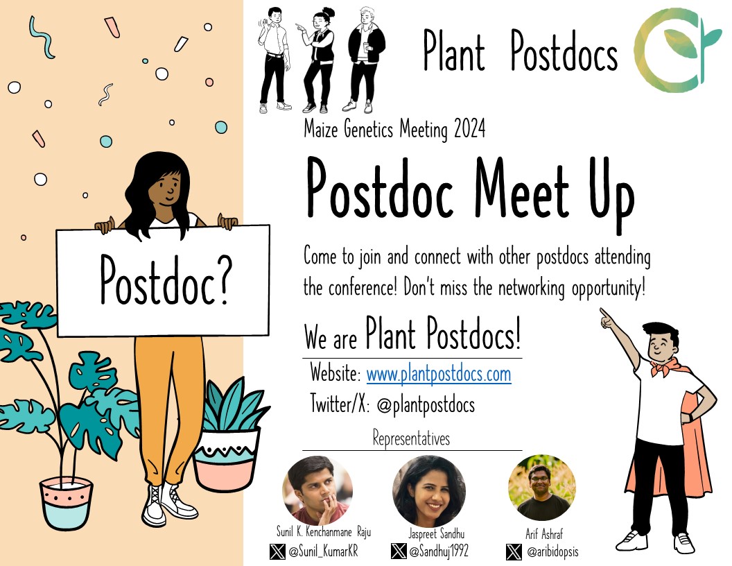 Are you a Plant Postdoc and attending @MaizeGDB maize meeting? Don't miss the networking opportunity with other postdocs. 3 representatives of the Plant Postdocs leadership will be in the maize meeting. Learn about the community and activities: plantpostdocs.com