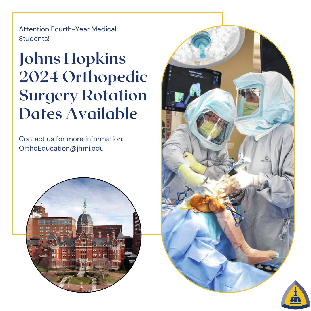 Calling all 4th-yr med students applying into orthopaedic surgery! We are now accepting applications for a rotation at Johns Hopkins through the JH Vismed portal through August. If you are interested in dates from September onwards please contact us at OrthoEducation@jhmi.edu.