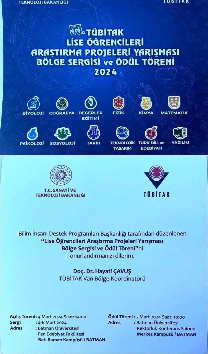 55. TÜBİTAK Lise Öğrencileri Araştırma Projeleri Bölge Finali bu yıl ilimizde gerçekleşecektir. Yarışmacı öğrencilerimizi tebrik ederiz. Tüm okullarımızı aramızda görmekten mutluluk duyarız. <a href="/TubitakBIDEB/">TÜBİTAK BİDEB</a> <a href="/BatmanilMEM/">Batman İl Millî Eğitim Müdürlüğü</a>