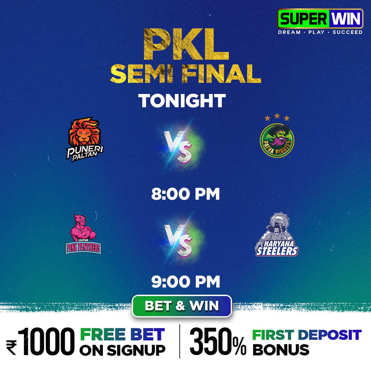 SuperwinGames's tweet photo. 𝐀𝐧𝐝 𝐭𝐡𝐞𝐧 𝐭𝐡𝐞𝐫𝐞 𝐰𝐞𝐫𝐞 𝐟𝐨𝐮𝐫! 🤩 Here are the 4️⃣ teams set to battle for #PKL glory including defending champs #JPP 🔥 

Will the Panthers keep their 👑? 👀 Predict the results on https://t.co/rrmb9rFzOL with your FREE Rs. 1,000 + 350% first deposit bonus! Hurry ⌛️🔗
.
.
.
.
#ProKabaddiLeague #ProKabaddi #PKLSeason10 #PKL #PKLEliminator #HarSaansMeinKabaddi #Superwin #freeoffer #signup #WinBig #PlaytoWin #PlaySmart #PremiumSports #onlinegaming #sportsbetting #sportstrategy #Kabaddi #Kabaddibetting