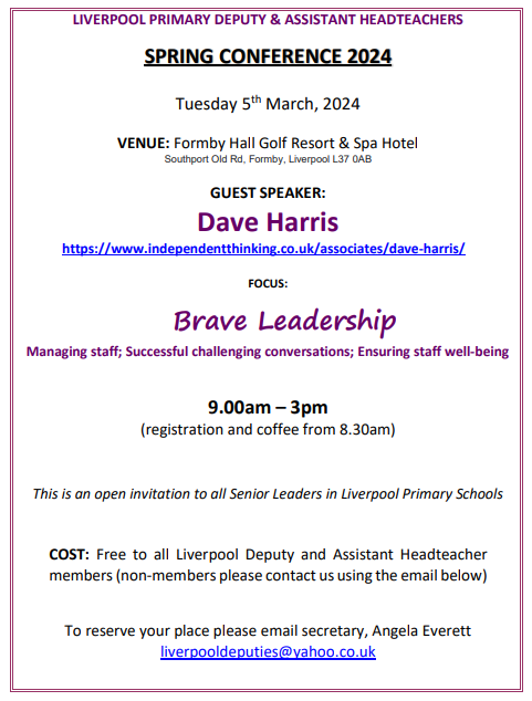 LiverpoolDeps's tweet photo. We are really looking forward to our Spring Conference next week with Dave Harris: @bravehead 

Please contact Angela Everett (details below) if you have any questions about the event. https://t.co/oKqKO4fqmt