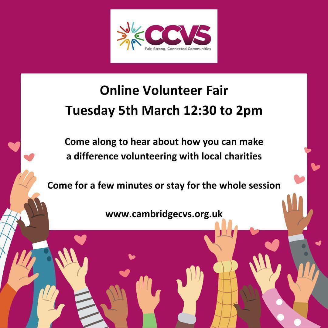 Still time to book to get along to our free online volunteer fair! 

Tues 5 March 12:30 - 2pm

Find out how you can get involved with local organisations. 

Build skills, improve self-esteem &amp; confidence. 

Book now bit.ly/VolunteerFairM…

#Volunteering #Cambridge