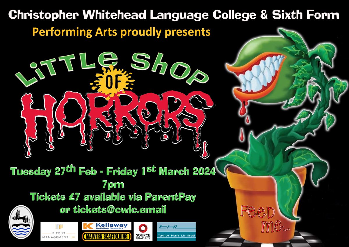 Tickets are still available for tonight, Thursday & Friday for Little Shop of Horrors! You can buy a specially made cookie from local cafe 'Little Shop of Cakes, in St John's all this week too! E: tickets@cwlc.email #WorcestershireHour