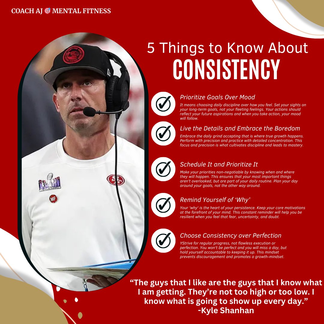 Kyle Shanahan said, “The guys that I like are the guys that I know what I am getting. They’re not too high or too low. I know what is going to show up every day.”

Consistency is what creates excellence.

It builds trust and shows that you are reliable.

Consistency isn't about