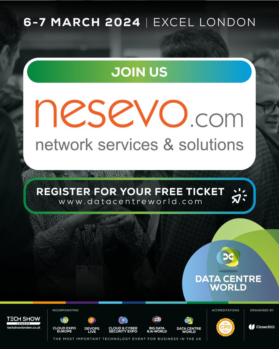 One week to go! 🚀
We're exhibiting at the #DataCentreWorld in London! 
Come and visit us on stand D1170 to get an in-person look at our network services and solutions.
No ticket yet? Join us and get your free ticket here: ➡️ datacentreworld.com/Nesevo

#DCW24 #TechShowLondon #TSL24