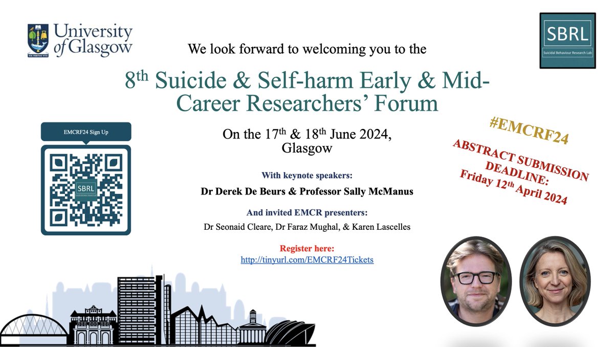 Pls Share  

🆕 Registration &amp; Call for Submissions: 8th Suicide &amp; Self-harm Early &amp; Mid-Career Researchers' Forum

🆕 Involved in suicide/self-harm research? 

This is for you. Come join us in Glasgow

Such a supportive &amp; welcoming event #EMCRF24

🔗suicideresearch.info/8th-suicide-se…