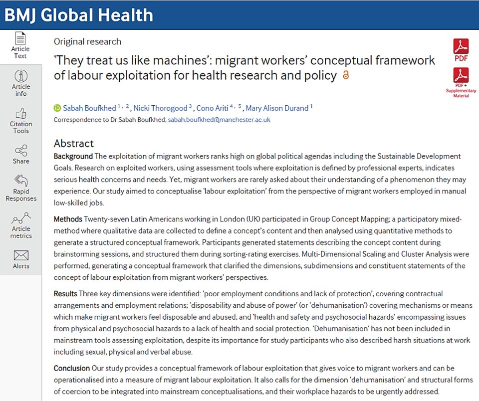 📚How do #migrantworkers define/conceptualise #labourexploitation? Our new paper @GlobalHealthBMJ offers a conceptual framework from migrant workers’ perspectives, specifically Latin American workers in London. @HCRInstitute @LSHTM 👉tinyurl.com/5n8vm8zs 🧵on key findings...