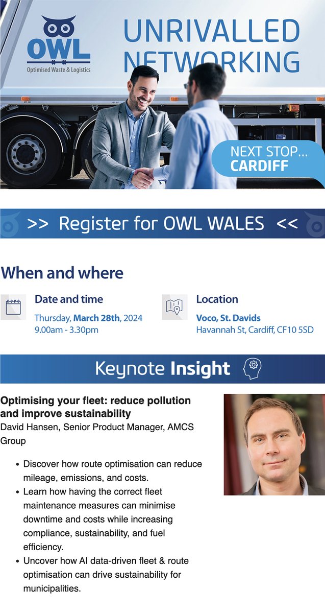 David Hansen, from <a href="/AMCSGroup1/">AMCS Group</a> , will give a presentation on 'Optimising your fleet: reduce pollution and improve sustainability' at OWL Wales. Register now at eventbrite.co.uk/e/owl-wales-20… to reserve your spot.