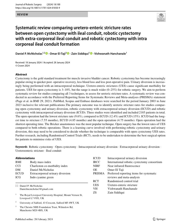 Ureteroenteric stricture rates are lower using open cystectomy and urinary diversion compared to robotic procedures, but does the learning curve for robotic surgery play a role? ⁦@JRobotSurg⁩ ⁦@vishhanchanale⁩ ⁦@UroTaji⁩ rdcu.be/dzOBN