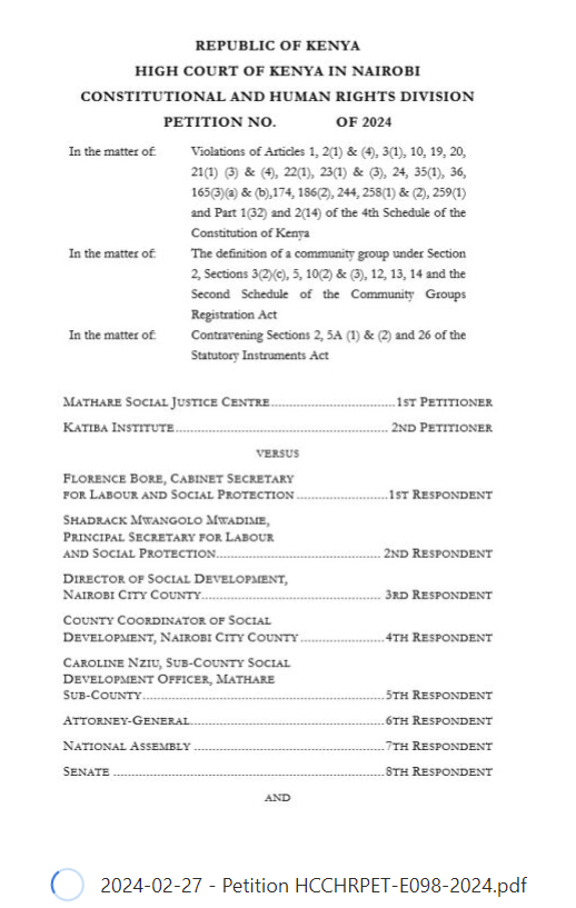 katibainstitute's tweet photo. KI &amp; @MathareSJustice just filed a petition challenging the Community Groups Registration Act. Gov’t uses vague language in the Act to intimidate community groups &amp; violate rights to freedom of association &amp; expression. Know any affected groups? Email at info@katibainstitute.org https://t.co/TlkfGAaaTG