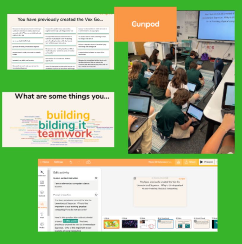 PCInnoInstitute's tweet photo. #PCGrade4 students recently tried out Curipod (AI) with their VEX Robotics unit, exploring the word cloud AI feature and receiving AI feedback. Teachers can analyze the AI responses and make adjustments to rubrics, grade level, and word requirements. #AIinEducation https://t.co/MUF7Om0Gqr