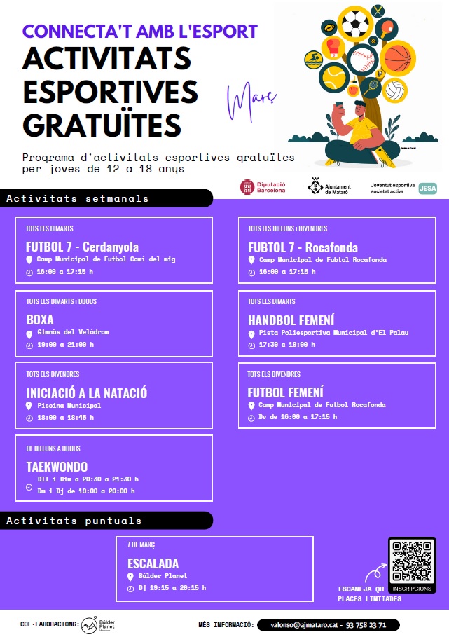 esportmataro's tweet photo. 🤾♀️ "Connecta't amb l'esport"
🟢 Projecte JESA @EsportsDiba
👉 Joves de 12/18 anys
✅ Activitats gratuïtes
📍 Instal·lacions esportives #Mataró
#8M #HandbolFemení
#FutbolFemení
Escalada Scan #QR
Inscripcions mensuals
📧valonso@ajmataro.cat
#ProjecteJESA #EsportMataró
Març 👇 https://t.co/MKzWIzyme6
