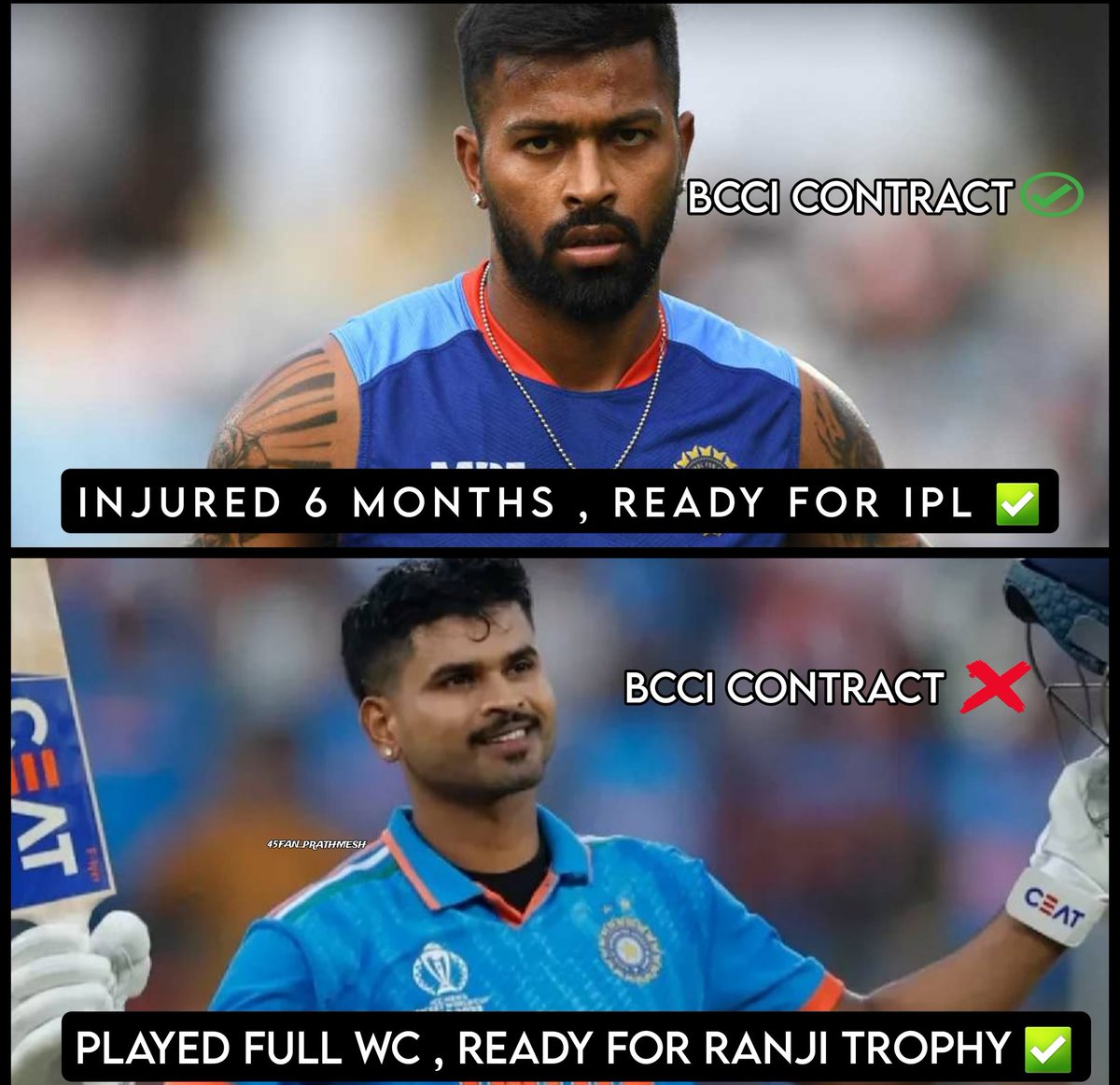 Hardik Pandya : Ready for Full IPL, Played Half WC. Skipped ranji trophy and played for ambani in a local tournament. Still having BCCI contract ✅. Shreyas Iyer : Ready for Ranji trophy, Played full wc and scored 600+ runs and still no BCCI Contract.❌ Where's EQUALITY !!