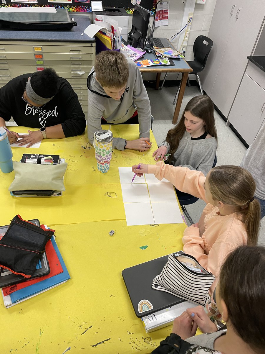 KatieHeagen's tweet photo. Thinking Art room @KJHKnights How to create an interlocking ribbon that connects with 4 different people, but keeps the ribbons continuously interlocking. Creativity, problem solving, communication! #Powerof5 #kingsStrong #Epic https://t.co/afHmKVywBA