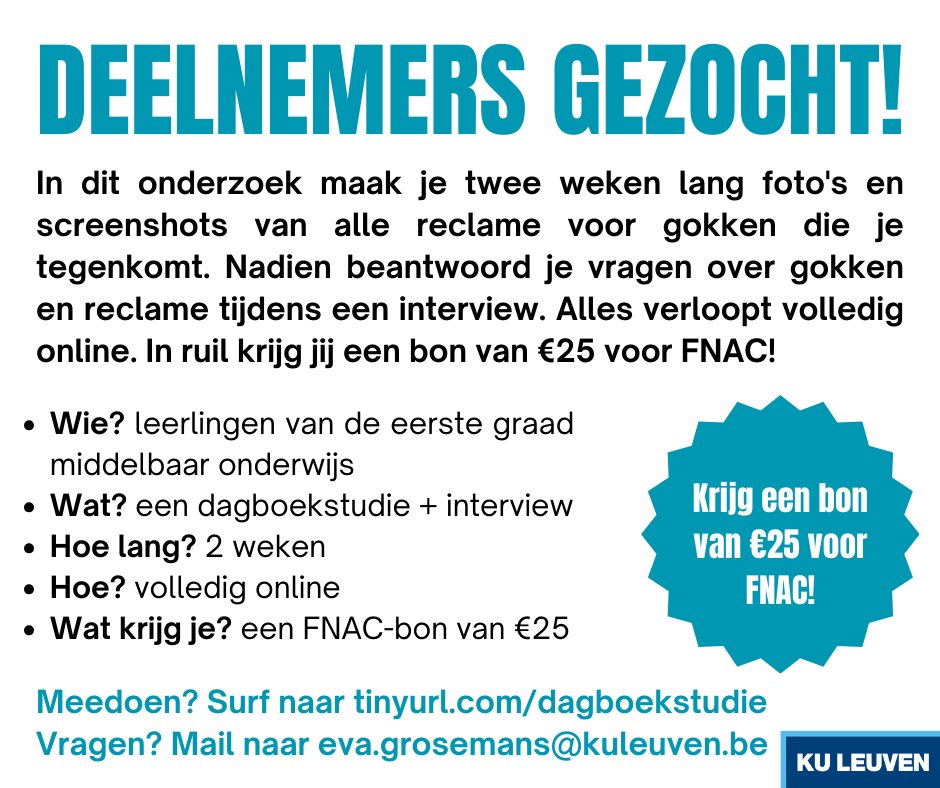 Gezocht: leerlingen uit de eerste graad middelbaar onderwijs voor een studie rond gokken en gokreclame. Inclusief toffe beloning voor elke deelnemer! <a href="/gameable_youth/">GAM(e)(a)BLE</a>