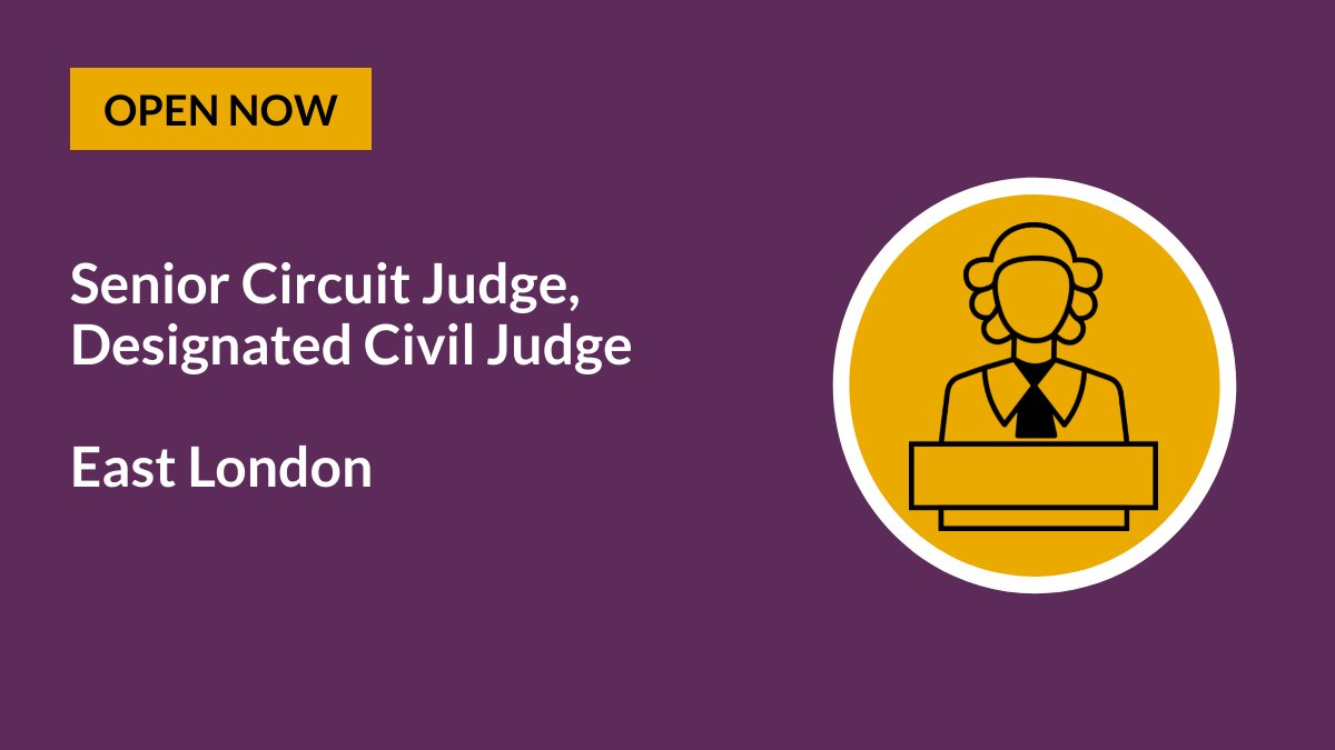 🚨📢Open now until Tues 12 March – Senior Circuit Judge, Designated Civil Judge, East London. ➡️Find out more and apply here: 👇apply.judicialappointments.digital/vacancy/9Anqye…
