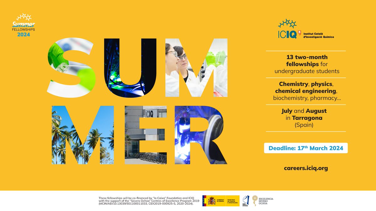#ICIQSummerFellows ☀️Ready for a summer of research? 🗣️We are offering 13 fellowships for undergrads. ➡️Join us for a 2-month paid internship in cutting-edge research institute Apply 🔗careers.iciq.org/jobs/3586055-i… @RSEQUIMICA @quimics @scqjove @JRGM_ICIQ @iCERCA @SOMM_alliance