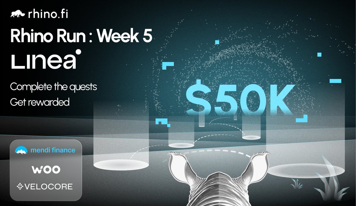 The #rhinorun Week 5 kicks off today! 🔎Explore @LineaBuild ✅Complete tasks 🤑Win a share of $50,000 Join now 👉layer3.xyz/collections/th… Make sure you check out our amazing partners we have lined up for this week: 🔥 @MendiFinance 🔥 @velocorexyz 🔥 @_WOOFi