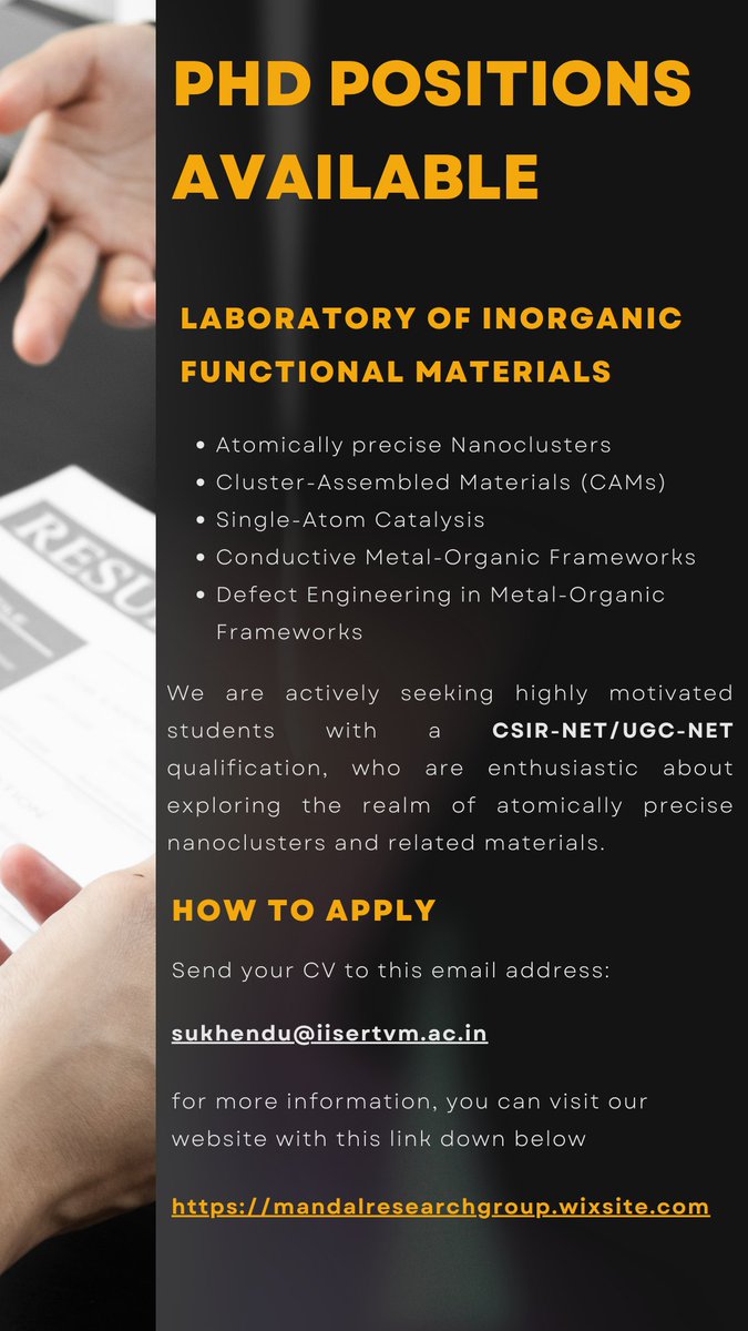 🔬 Join our team! 💡 PhD positions in the Laboratory of Inorganic Functional Materials for motivated MSc grads with CSIR/UGC-NET. Explore nanoclusters, drive innovation! Apply now! #PhDposition #chemistry #nanocluster #materialchemistry #iisertvm