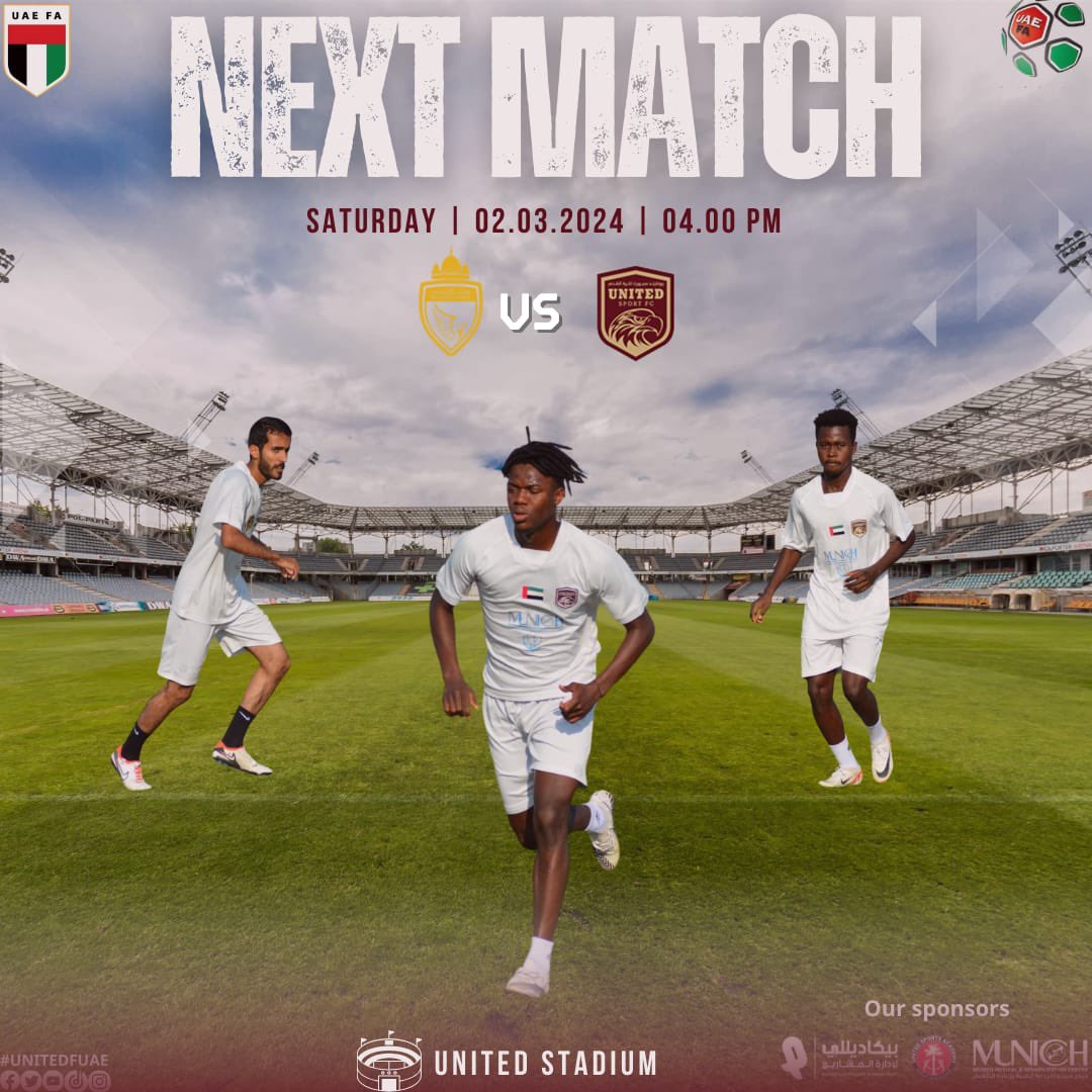 unitedfuae's tweet photo. 𝐇𝐄𝐑𝐄. 𝐖𝐄. 𝐆𝐎!  🇱🇻
🌟 المباراة القادمة | NEXT MATCH
⚽ |  يونايتد سبورت  🆚 ريجينال 
🗓️ | السبت 02-03-2024
⏰ | 16:00
🏆 | الجولة واحد وعشرون من الدورى الاماراتي لدرجه الثانية 
🏟️ | استاد نادي يونايتد سبورت أمام فندق ايلا العين .

📅 Data 02 th Saturday 2024
🕙 4:00 PM https://t.co/Gv2y23wprW