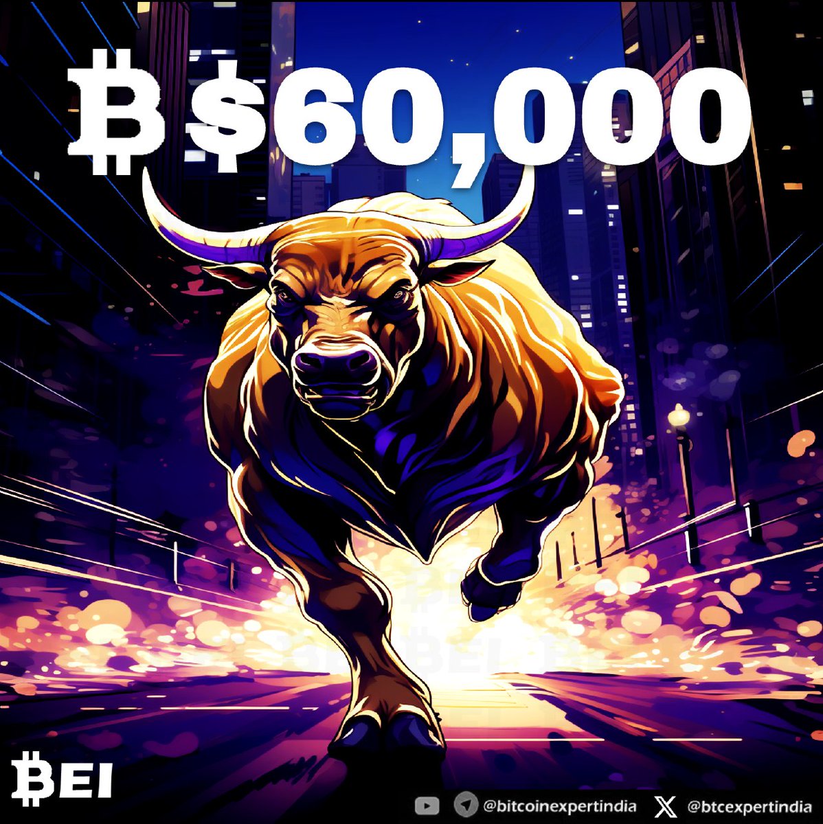 Btcexpertindia's tweet photo. 💥 Breaking - #Bitcoin looks unstoppable and hits the magical figure of $60,000 🚀. Just $9k far from its all time high ! https://t.co/58Oykns6Xo