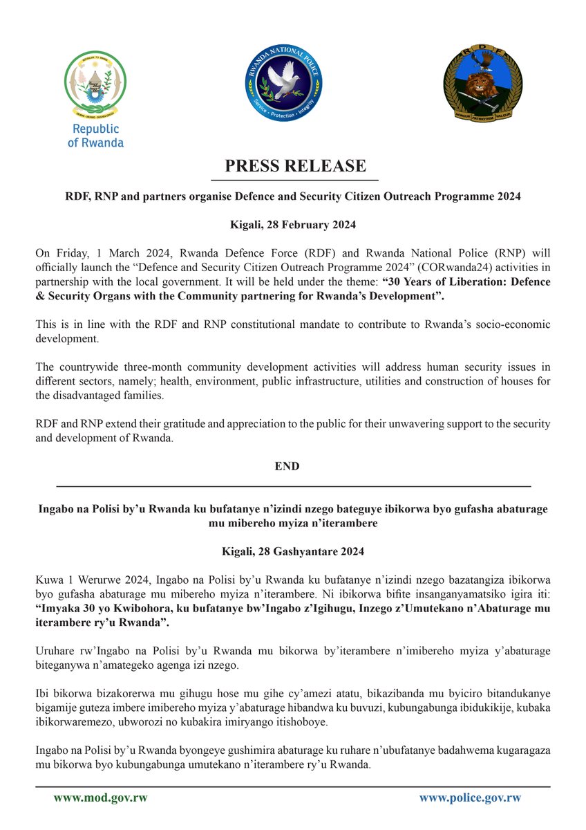 RwandaMoD's tweet photo. PRESS RELEASE

RDF, RNP and partners organise Defence and Security Citizen Outreach Programme 2024 https://t.co/Gqj1ndNJgY https://t.co/yTVtoqdYXx