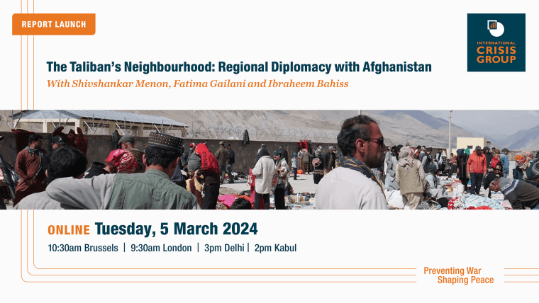 Online Event | The Taliban’s Neighbourhood and Regional Diplomacy with Afghanistan

With <a href="/CrisisGroup/">Crisis Group</a>’s <a href="/Afghan_Policy/">Ibraheem Bahiss</a> and distinguished speakers <a href="/ShivshankaMenon/">Shivshankar Menon</a> and <a href="/FatimaGailani/">Fatima Gailani</a>.

Moderated by <a href="/PierrePrakash/">PrakAsia</a>.

More information &amp; registration: crisisgroup.org/how-we-work/ev…