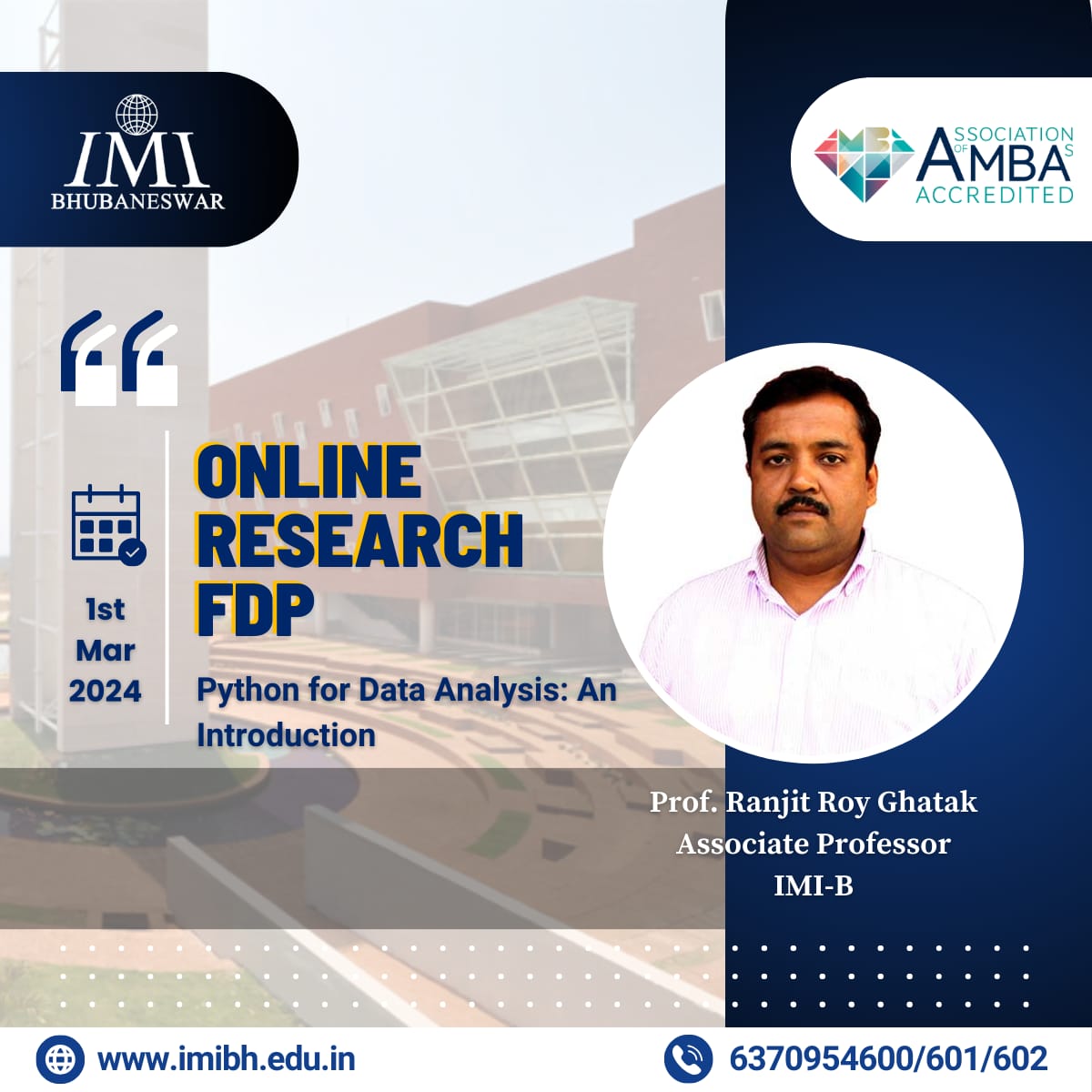 IMI_Bhubaneswar's tweet image. Discover the essentials of Python for data analysis with Prof. Ranjit Roy Ghatak, Associate Professor at IMI Bhubaneswar, at our Faculty Development Program (FDP) on March 1st, 2024. 
#IMIBhubaneswar #FDP #PythonForDataAnalysis #DataInsights #DataDriven #SkillBuilding