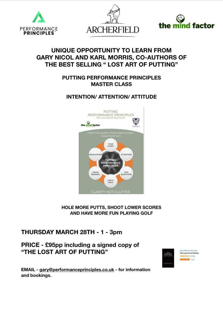 We are now taking bookings for this one of a kind Putting Master Class with ⁦<a href="/Karl_Morris/">Karl Morris</a>⁩ &amp; I ⁦<a href="/archerfieldgolf/">Archerfield Links</a>⁩ on March 28th ⁦<a href="/TheMindFactor/">The Mind Factor</a>⁩ ⁦<a href="/pprinciplesuk/">gary nicol</a>⁩ ⁦<a href="/LostArtofGolf/">The Lost Art of Golf</a>⁩ ⁦<a href="/TheTodaysGolfer/">Today's Golfer</a>⁩ ⁦<a href="/CallawayGolfEU/">Callaway Golf Europe</a>⁩ ⁦<a href="/odysseygolf/">Odyssey Golf</a>⁩