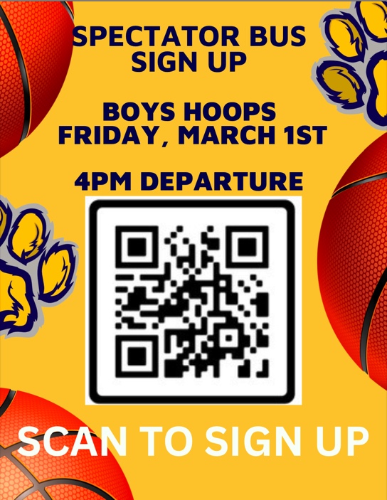 A second Spectator bus is being added for Friday's Boys Basketball Championship game at Blue Cross Arena, AND Boosters is paying for every student's ticket that rides the bus!!! Let's GOOOOOO!!!! Sign up using the QR code below!