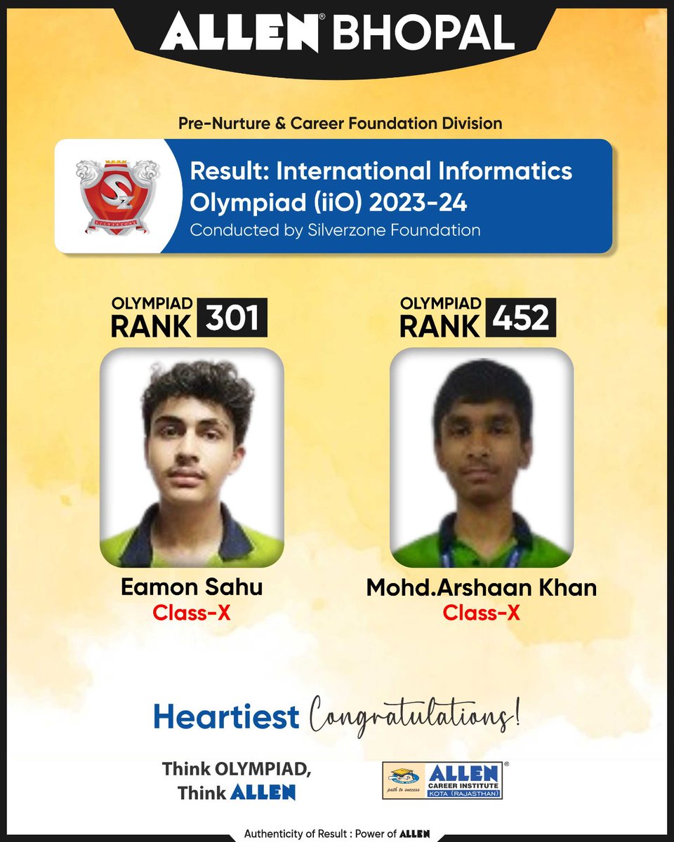 AllenBhopal's tweet image. 🔊 ALLEN Bhopal PNCF Result

 ➡️ IIO is an International level competition based on Computers which is organized by Silverzone Foundation for students 

 🏆2 classroom Students secured in Olympiad rank under 500

#ALLENMadhyaPradesh #OlympiadResult #ALLENBhopal #PNCF #iiO #ALLEN