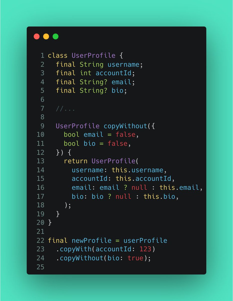 FresidentDumazy's tweet image. We all know `copyWith` as a pattern for immutable objects, but how do you clear a value?
My personal preference is `copyWithout`
#FlutterDev #DartDev